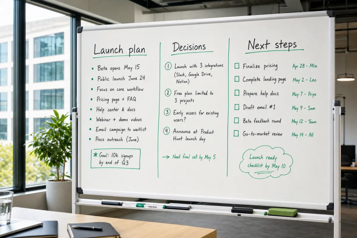 Meeting whiteboard with a launch plan, decisions, and next steps used as an image text extraction example