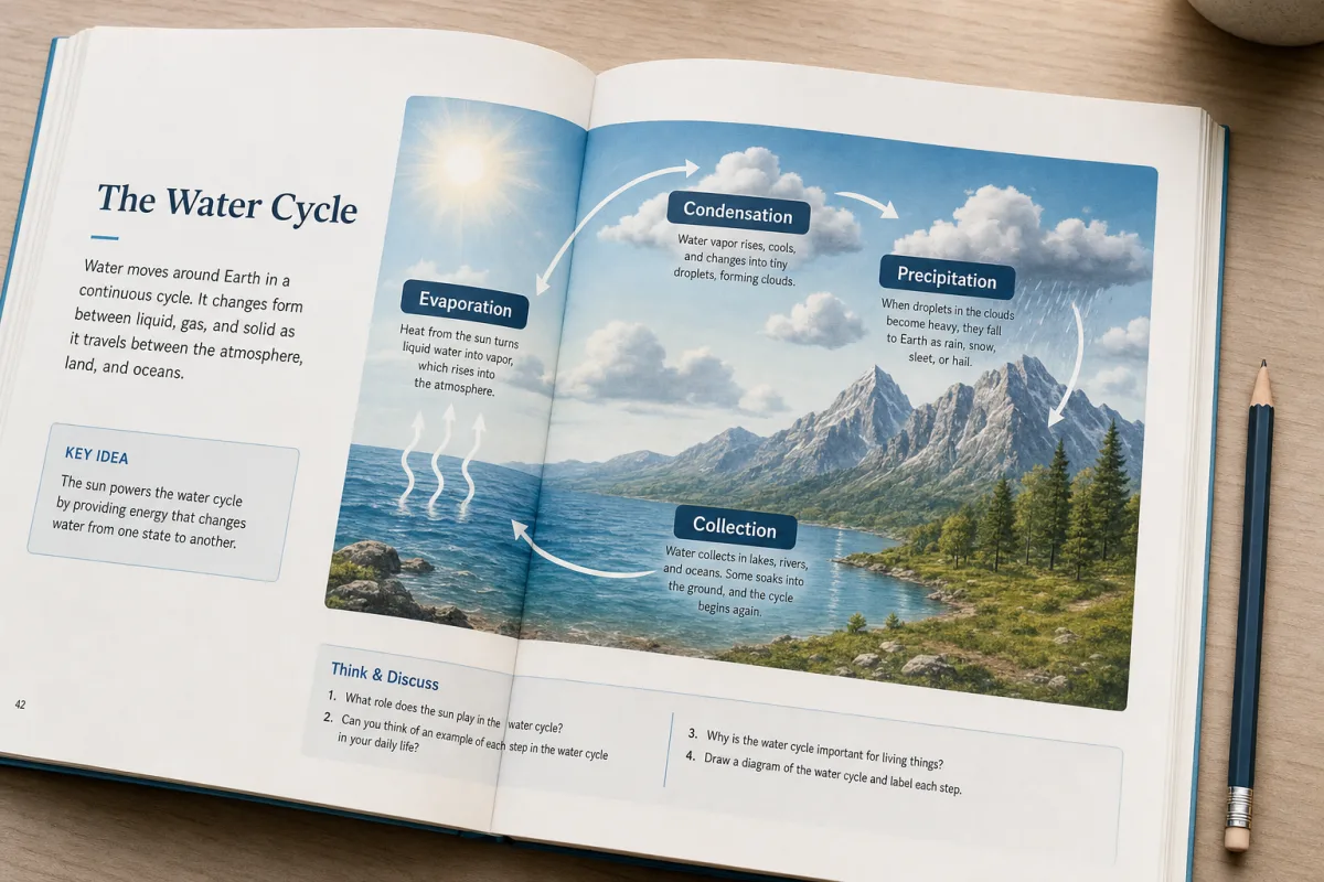 Textbook page about the water cycle used as an example for image text extraction
