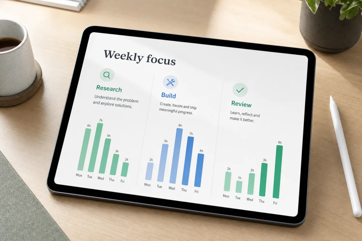 Weekly focus chart showing research, build, and review hours from Monday to Friday